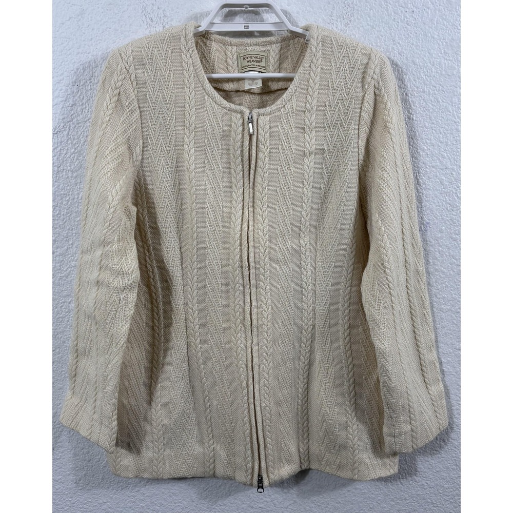 Boyne Valley Weavers Cardigan‎ Womens Medium White Merino Wool Zip Ireland